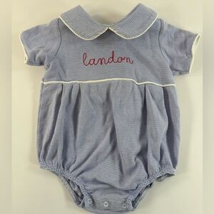 Lila & Hayes - Blue Stripe Bubble Romper Landon Monogram 12-18M